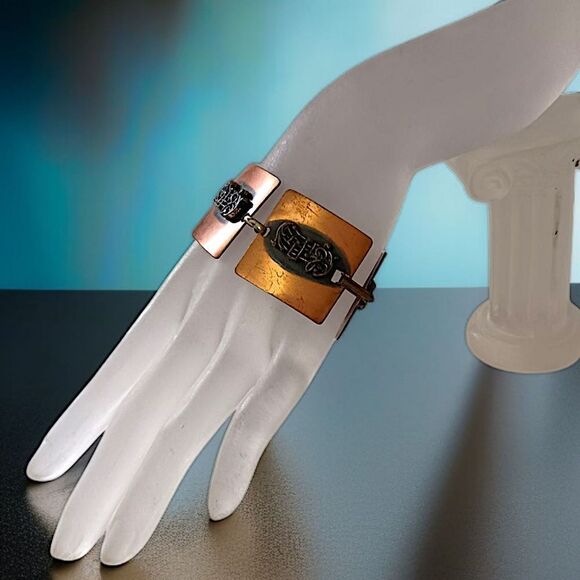 Vintage Copper Bracelet Music Notes Treble Clef Square Panel Links MCM Chunky - Picture 13 of 16